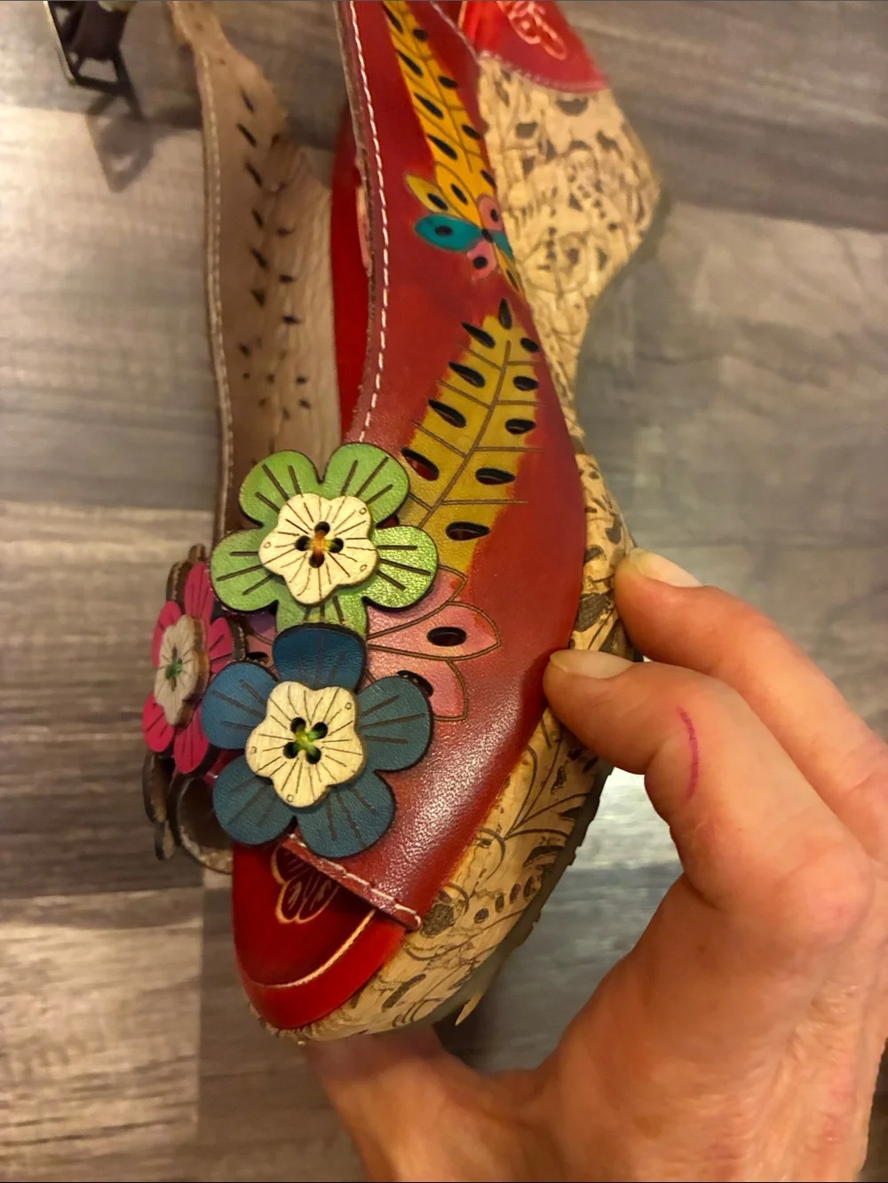 L'Artiste Red Leather Slingback Wedge Sandals With Floral  Details- Size 7.5